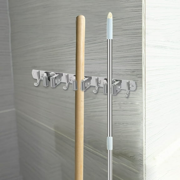 XIAOLE Broom Holder Wall Mount, 5 Racks and 6 Hooks Broom Organizer Storage Tool Racks Stainless Steel Heavy Duty Hooks Self Adhesive Solid Non-slip for Home Kitchen Garden Laundry Garage