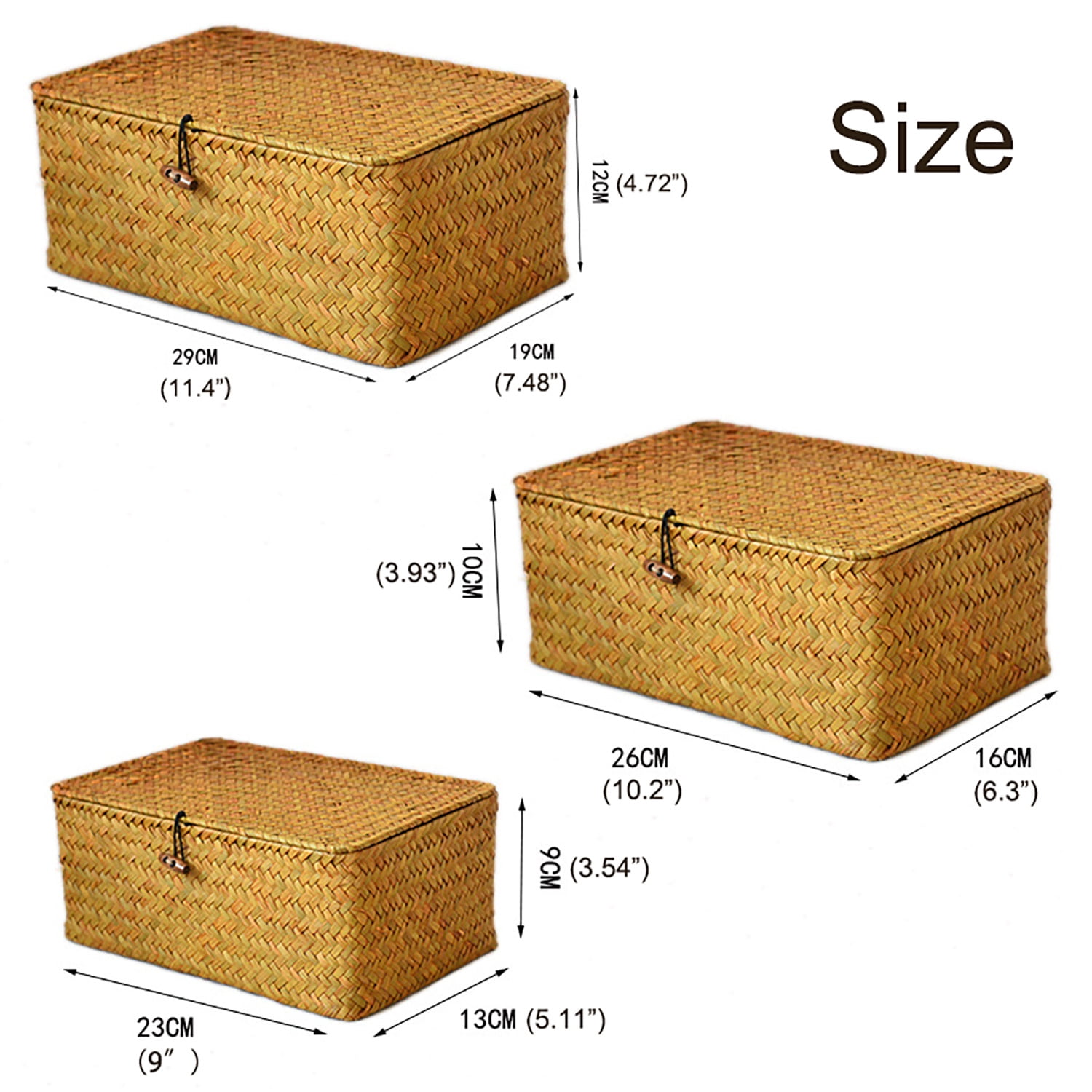 Asunby 3-Piece Wicker Storage Basket Set with Lids, Woven Rattan Baskets for Shelves, Stackable Seagrass Storage Bins for Laundry and Organization