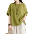 thumbnail image 5 of Women's Cotton Linen Blouse, Round Neck Embroidered Short Sleeve Top, Loose Fit Casual Tunic for Summer, Boho Chic Shirt and Everyday Wear-Light Green, 5 of 5