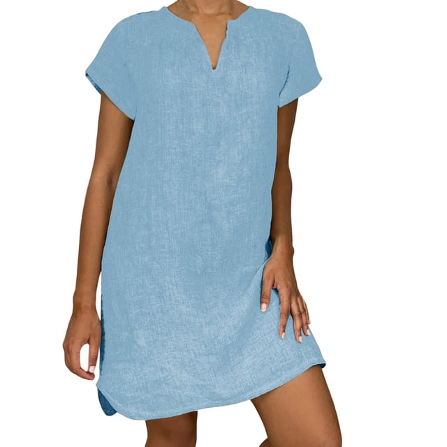 B91xZ Robe Décontractée Ample d'Été à Manches Courtes Col en V Florale avec Poches, Bleu TTG