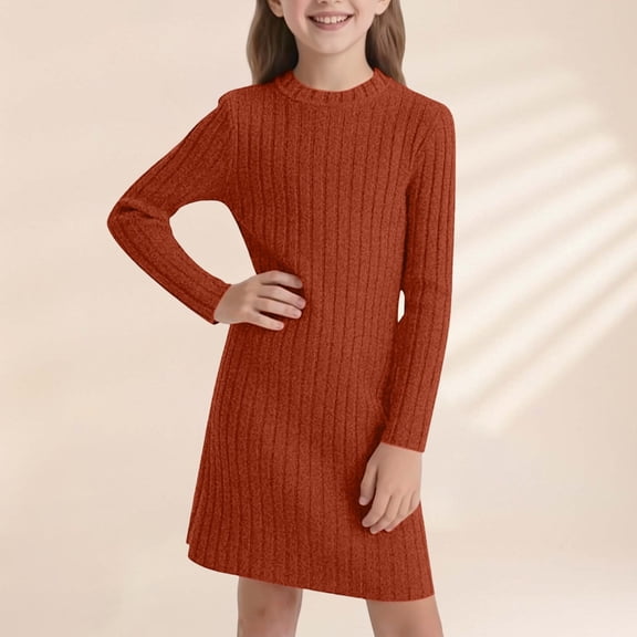 Dresses for Girls Solid Color Long Sleeve Thermal Slim Fit Dress Crewneck Fall Winter Casual Girls Dresses Size 10-11Y