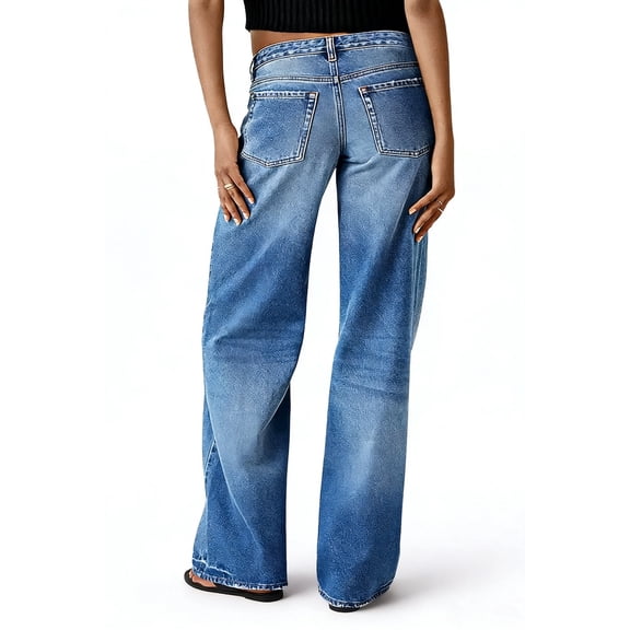 Women's High Waist Wide Leg Jeans - Light Blue Washed Denim with Dual Button Closure, Utility Patch Pockets, Relaxed Fit Retro Pants for Casual Daily & Street Style Wear