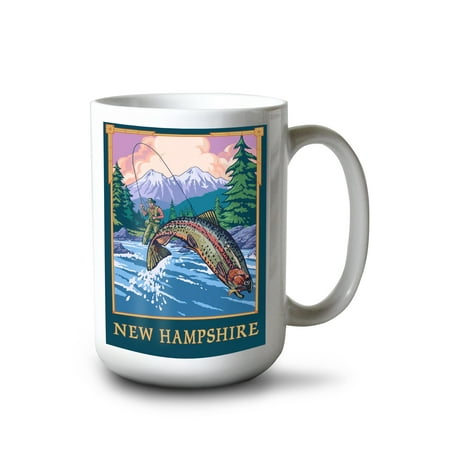 

15 fl oz Ceramic Mug New Hampshire Angler Fly Fishing Scene (Leaping Trout) Dishwasher & Microwave Safe