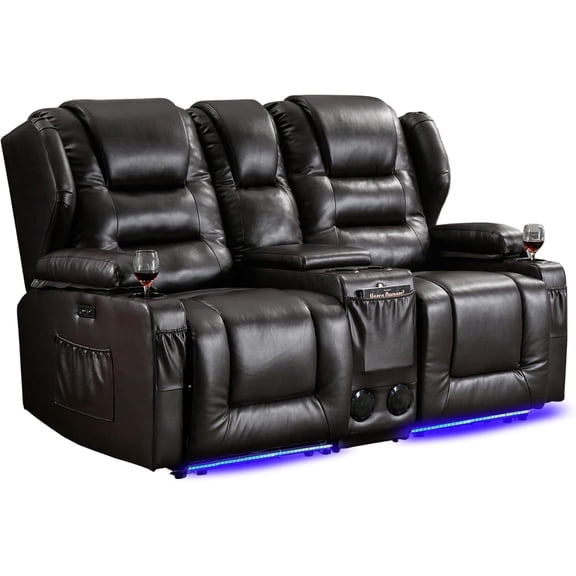 IPKIG Electric Loveseat Recliner Sofa with Storage Cup Holders, Faux Leather Power Reclining Home Theater Seat, Brown