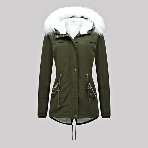 Jjayotai Women's Winter Jackets Coats, Thick Lined Warm Overcoat, Long Sleeve Hooded, Puffer Down Zip Up Button Overcoat Army Green L