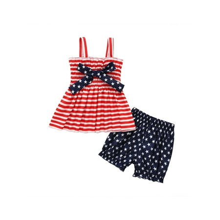 

Huyghdfb Girl’s Stripe Bow Suspender Tops and Star Print Short Pants Set
