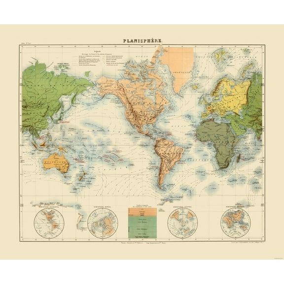 Historic Map - Planisphere - Jouvet 1882 - Vintage Wall Art