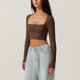 thumbnail image 5 of Haut à col carré pour femmes, haut décontracté à manches longues, pull court, chemise de sortie, 5 of 6