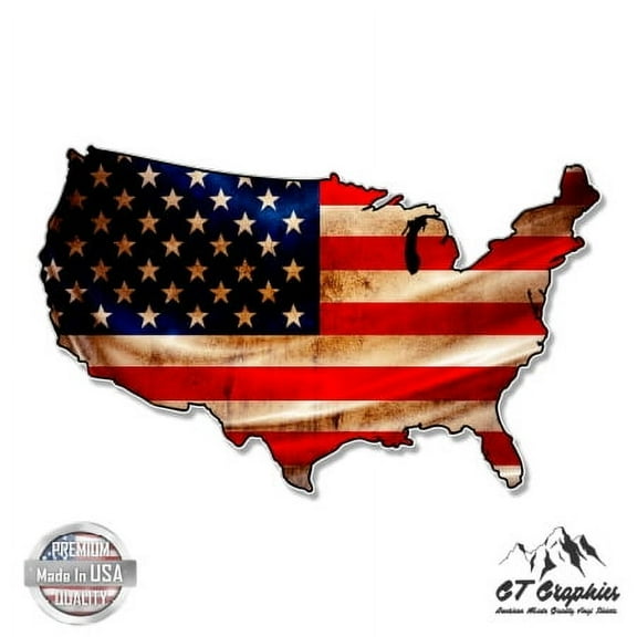 USA Shape American Flag Vintage - 3" Vinyl Sticker - For Car Laptop I-Pad Phone Helmet Hard Hat - Waterproof Decal