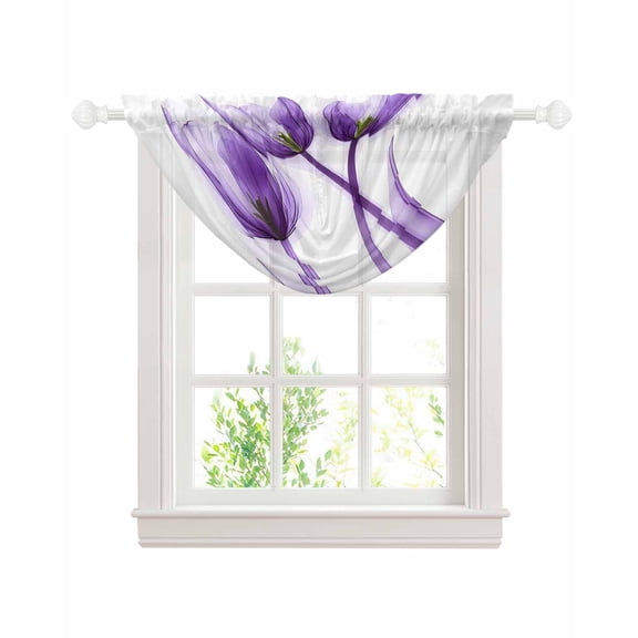 Luxury Purple Tulip Sheer Waterfall Valance Curtains for Window, Watercolor Spring Rustic Floral Rod Pocket Sheer Topper Swag Curtains for Living Room, Kitchen 38.5"W x 47.2"L, 1 Panel