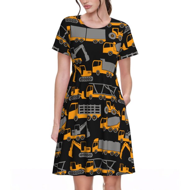 Fotbe Yellow Excavator Vestido Largo de Moda para Mujer, Vestido Tipo Camiseta con Manga Corta y Estilo Casual a Rayas y Bloques de Color