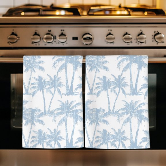 Light Blue Palm Tree Kitchen Towels Set of 3, Coastal Trees Summer Tropical Botanical Absorbent Dish Towels for Kitchen, Microfiber Hand Towel, Quick Drying Tea Towel for Cleaning Dishcloths