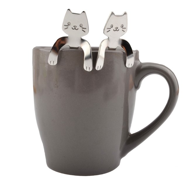 Nuevo 2 uds cuchara de café y té de acero inoxidable Mini gato mango largo cuchara creativa herramientas para beber utensilios de cocina cubiertos vajilla brillar Hogar