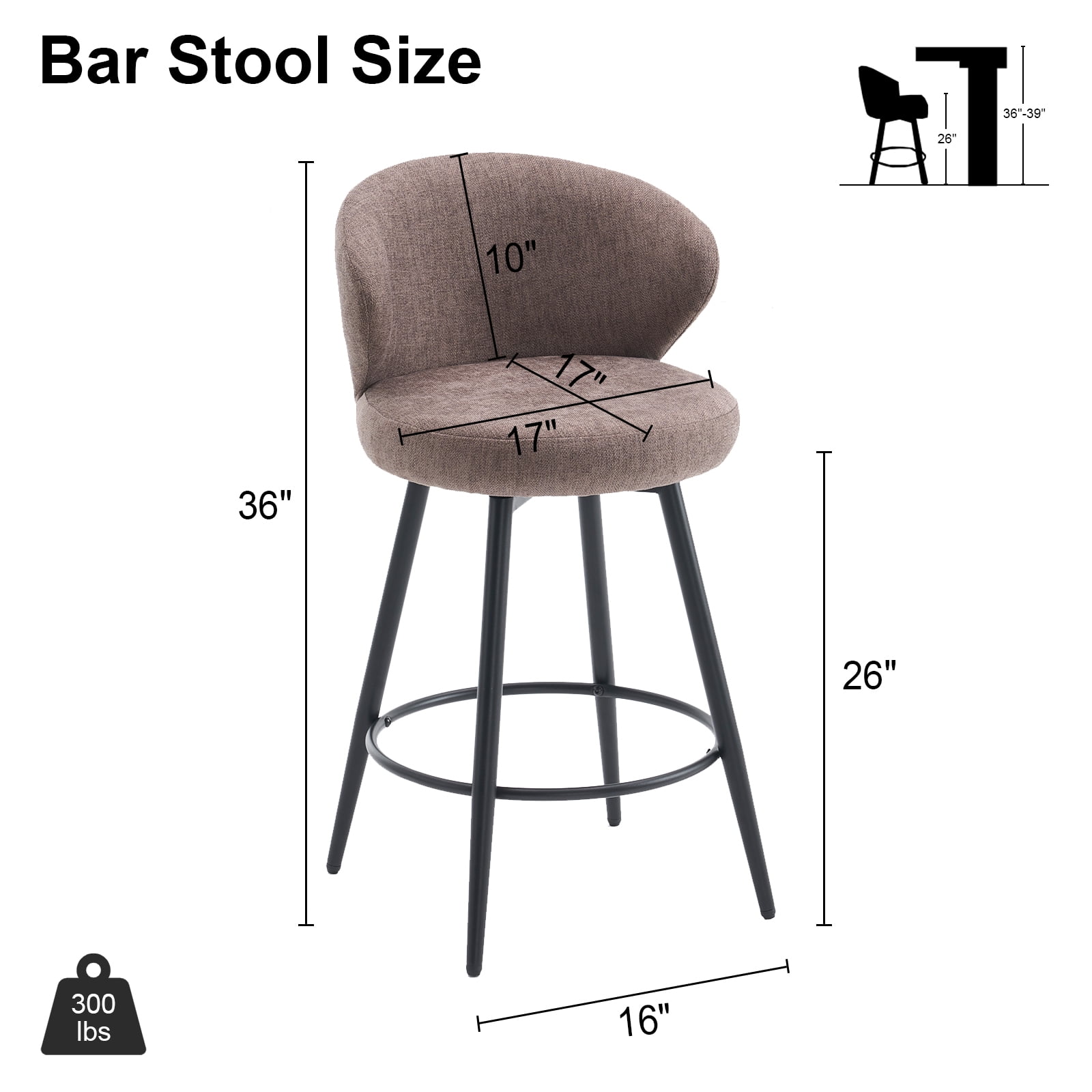 Rongbuk 360° Swivel Modern Bar Stool Set of 2, 26" Upholstered Counter Height Bar Stools with Wingback, Soft Linen Fabric, Counter Chairs with Arm for Kitchen Island or Home Bar, Brown