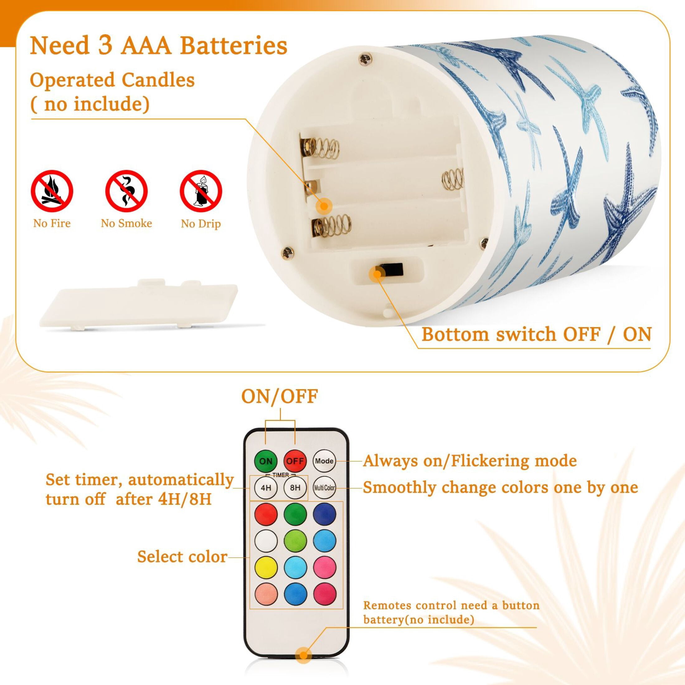 Electronic Candles Light Combination 3x5In, 3x4In Flameless Candles Plastic Festive Decoration Party Christmas Decoration Blue Sea Sar