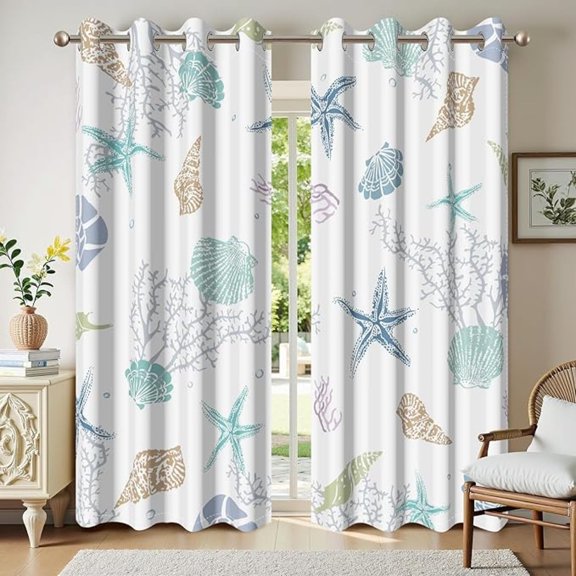 Blue White Nautical Blackout Thermal Insulated Curtains Starfish Shell Seaweed Coral Printed Drapes With Grommet For Living Room Bedroom Decoration 26"W x 45"L (Pack of 2)