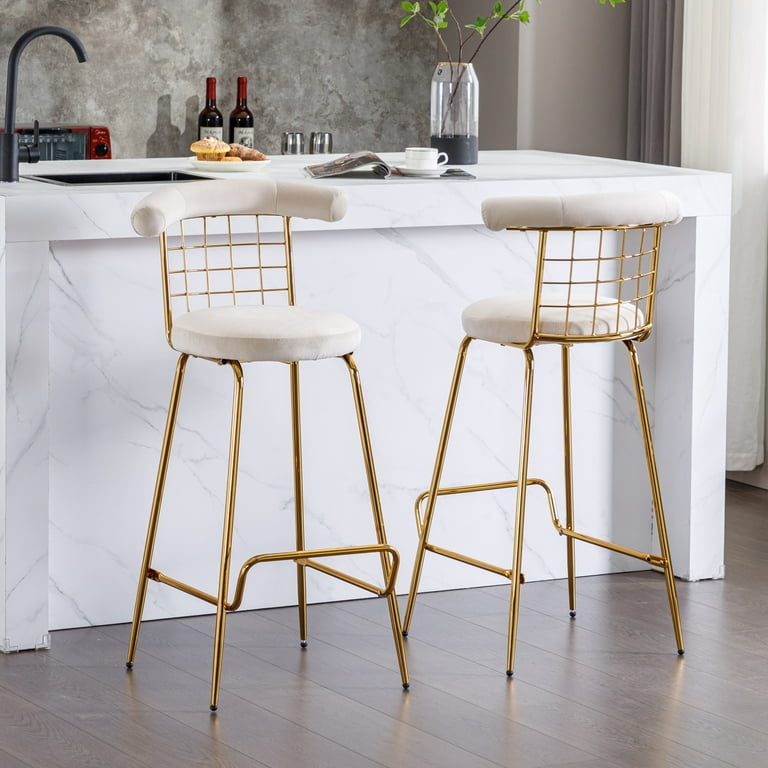 SYNGAR Bar Stools Set Of 2 Fashion Bar Chairs with Backrest and Footrest Velvet Upholstery Bar Stools With Back and Metal Leg for Kitchin Living Room 40 Height Bar Stool Beige