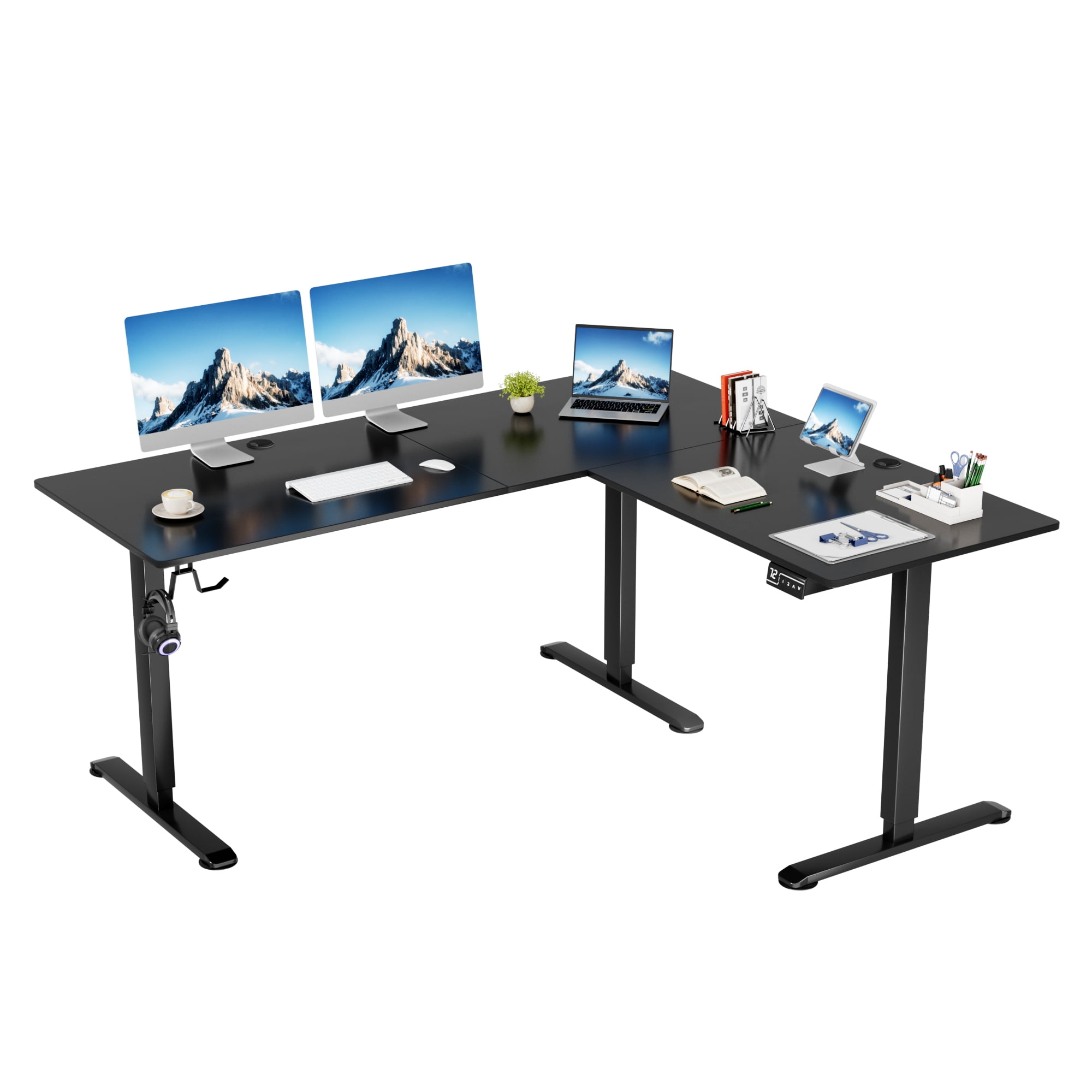 Homall 63in Wide L-shaped Electric Sit-Stand Desk Lifting Range 28~46in Height Gear Memory Ergonomics Standing Desk Height Adjustable Computer Desk, Black