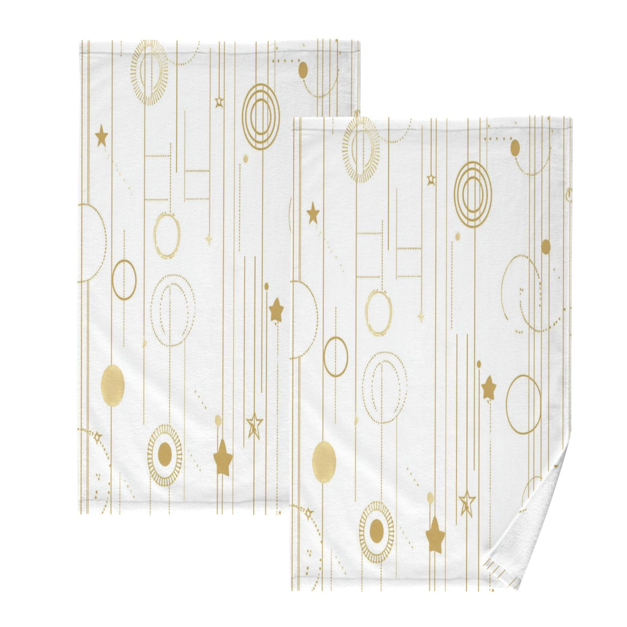 2 Pcs Absorbent Face Towel Bath Hand Towels Soft Breathable Cotton Towel Set for Bathroom Kitchen Hotel Spa Decor Gold and White Geometric Pattern