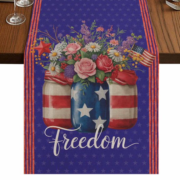 Table Runners 60 Inches Long Dress Scarves, Independence Day Farmhouse Kitchen Table Runner, Small Coffee Tablerunners, US Flag Spring Flowers Vintage Blue Stars 13x60 Inch