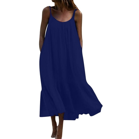 Summer Midi Cotton Loose Cami Dress for Women Sale Solid Color Vintage Sleeveless Boho Beach Round Neck Sundress for Girls Elegant Casual Comfy Holiday Blue M