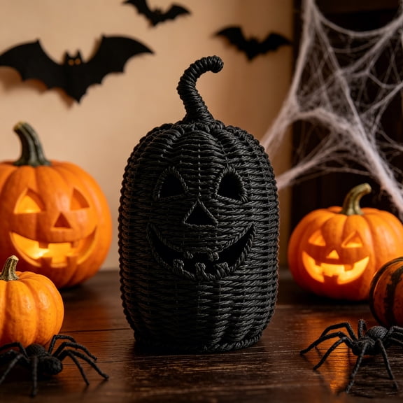 Mskk Black Rope Pumpkin Halloween Decoration, 11.8" Handcrafted Woven Pumpkin Light, Halloween Decorative Lantern for Indoor Home Party