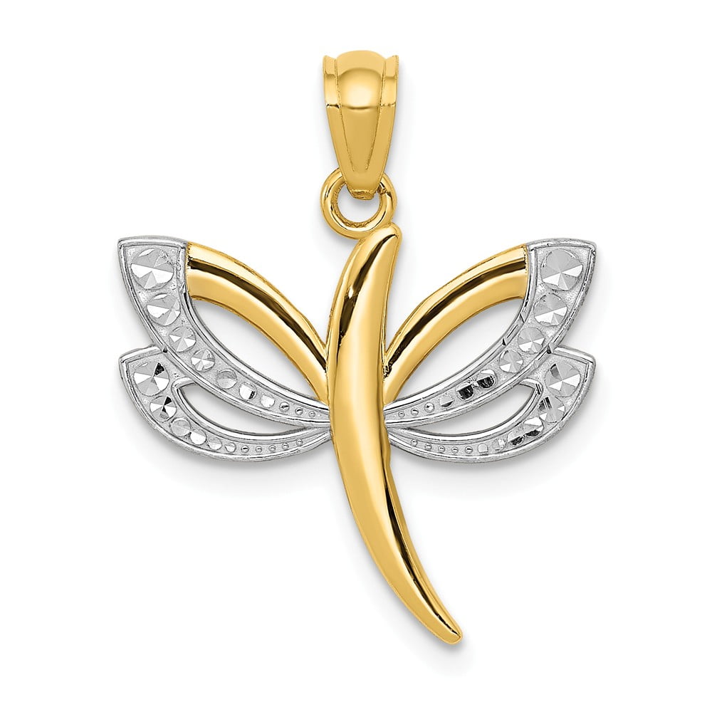 14k Yellow with White Rhodium Two-tone Gold Dragonfly Pendant
