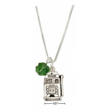 Sterling Silver 18 in. Lucky Slot Machine Pendant Necklace with Green Four Leaf