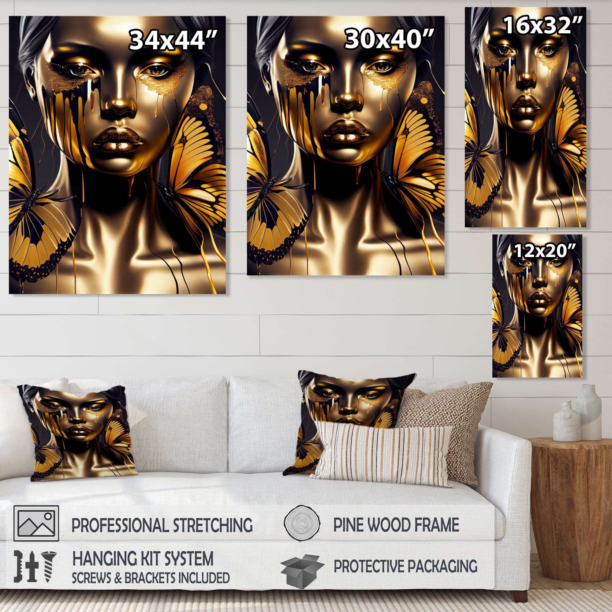 Designart Attractive Woman With Gold Butterflies I Canvas Wall Art