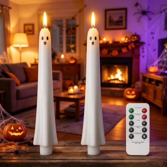 Halloween Ghost Flameless Taper Candles, Battery Operated LED with Remote Timer, Lasting Spooky Dinner Indoor Decor,A