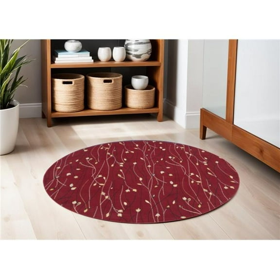 HomeRoots 546081 4 ft. Floral Vines Round Rug, Red, Black & Ivory