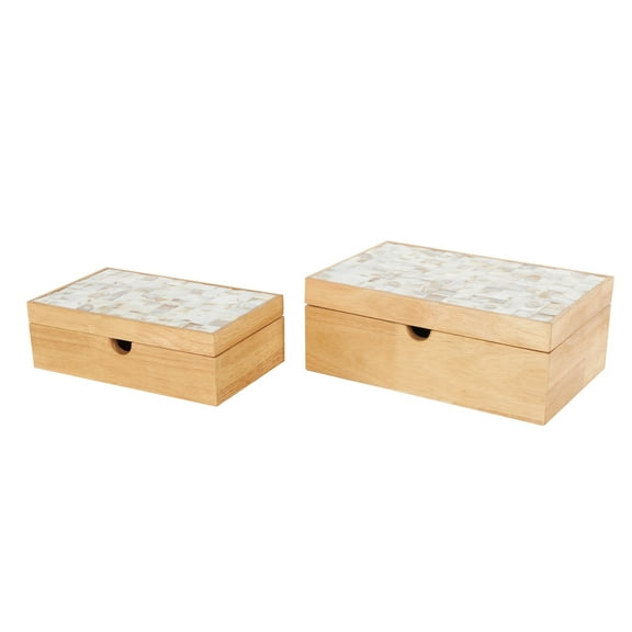 DecMode Handmade Storage Light Brown Wood Decorative Box with Seashell Tops, 2 Count