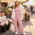 thumbnail image 7 of 2 Piece Sets for Women V Neck Long Sleeve Crop Top Pocket Wide Leg Pants Matching Sets Women Clothing for Daily Going‑Out Outfit Pink S, 7 of 7
