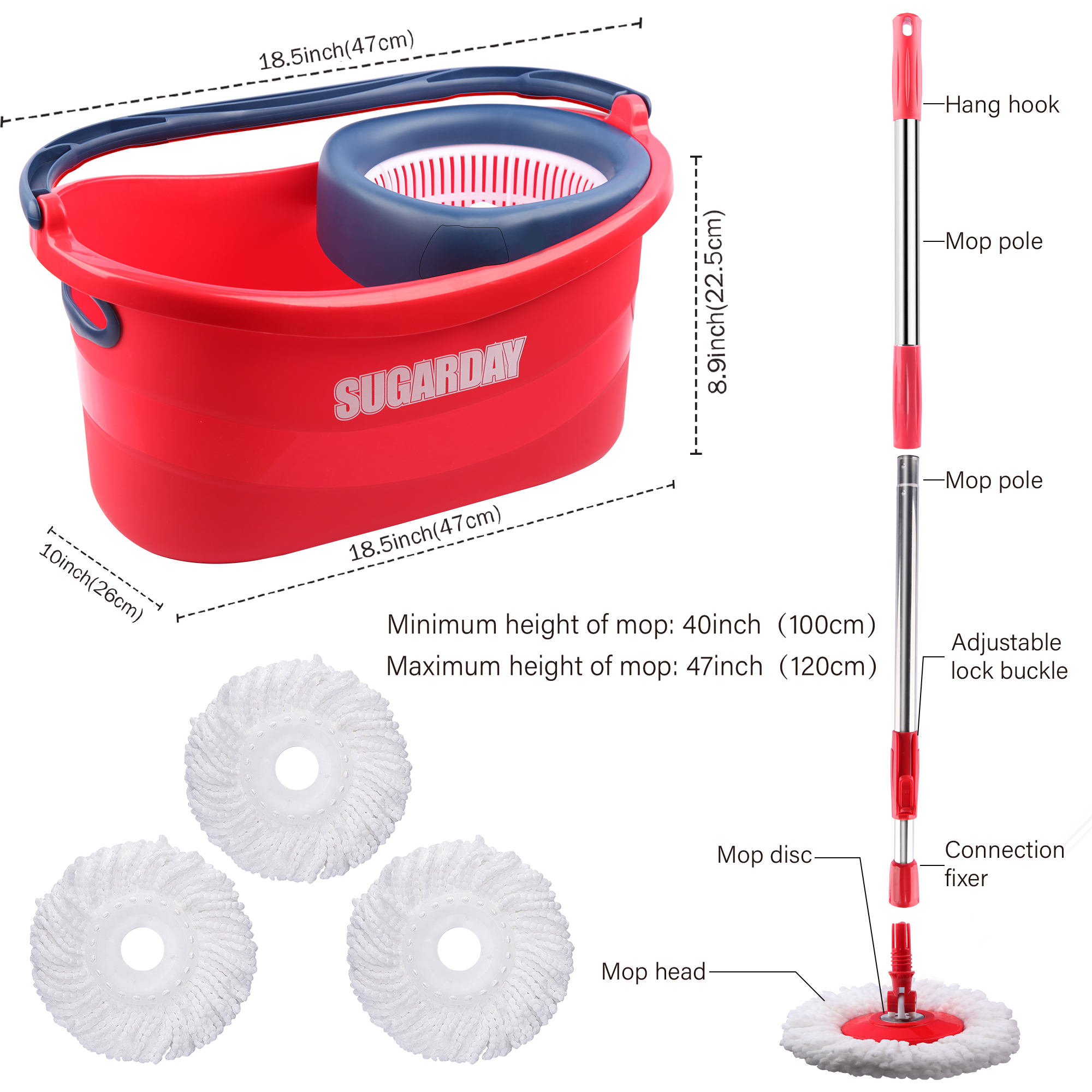 SUGARDAY Spin Mop and Bucket System with Wringer Set for Floors with 3 Microfiber Mop Heads, Red