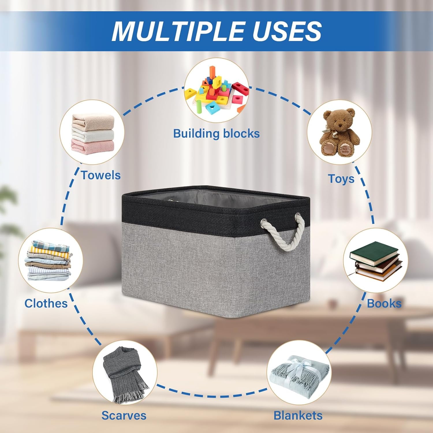 Fabric Storage Baskets 4Pack Storage Bins Decorative Basket for Gift, Clothes Bin with Rope Handle, Rectangle Baskets for Storage, Blankets(Black&Gray,15x11x9.5 inch)
