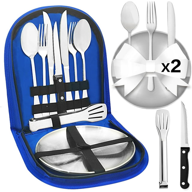 Camping Utensils Picnic Set Person with Carrying Case Camping Cutlery with Spoon Fork Knife Plate Clip Camping Utensils Kit for Picnic/Traveling/Barbecue
