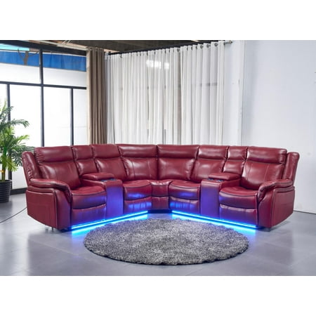 Contemporary Modern Power Motion Recliner Sectional Sofa Set W USB And LED Lights Red Air Leather Cushion Recliner Loveseats Corner Console Living Room