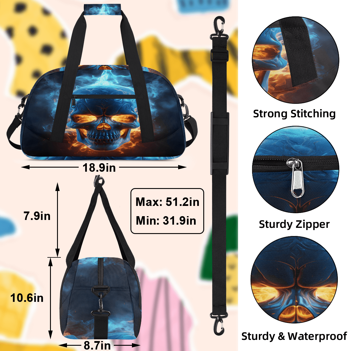 Herdesigns Skull Skeleton Sports Duffle Bag for Women & Men, Gym Bag Dance Bag Overnight Bag Carry On Weekender Travel Bag