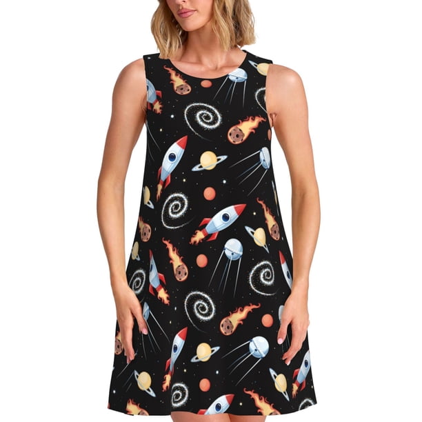 Balery Space Rocket Vestidos de verano para mujer con estampado: vestido holgado sin mangas, vestido playero informal y cómodo para días calurosos.