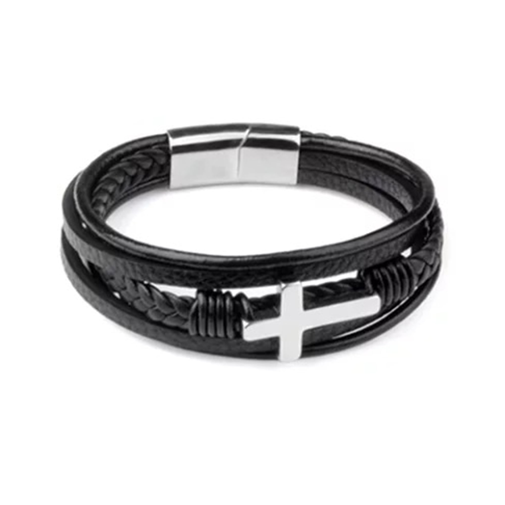 Multilayer Mens Bracelet , Genuine Leather with Cross, Christian Bracelet, Silver/Black