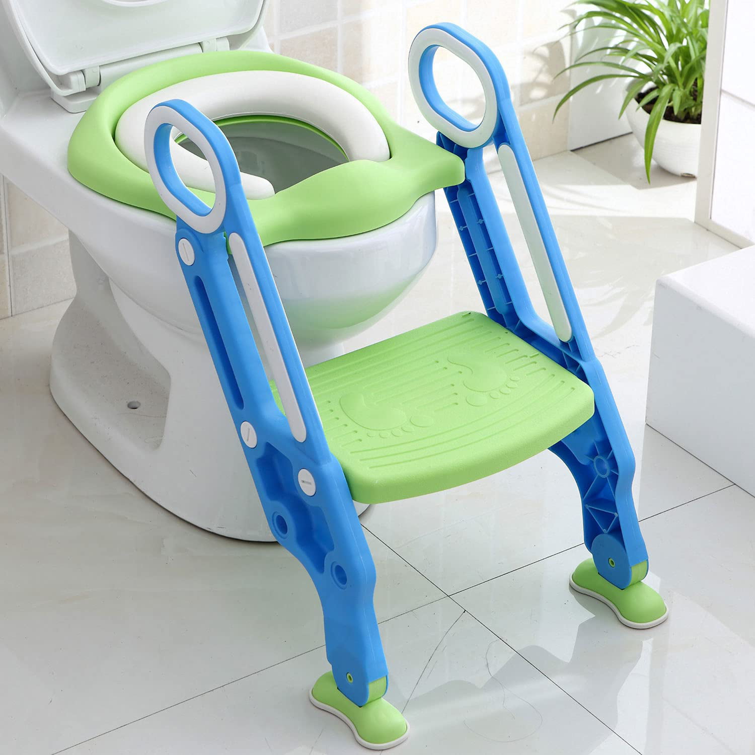 Baby Potty Training Toilet Seat with Non-Slip Step Stool Ladder for Kids Children Toddler Foldable Chair with Soft Cushion Sturdy and Non-Slip Wide Steps for Girls and Boys Blue