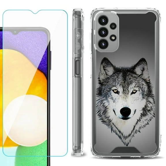 Shockproof Bumper Phone Case for Samsung Galaxy A23 5G, with Tempered Glass Screen Protector, by OneToughShield ® - Wolf Face