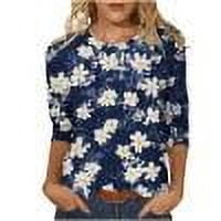 3/4 Sleeve Tops for Women Graphic Floral Print Crewneck Soft Polyester T Shirts Tshirts Casual Tunic Tees (XL, Navy 01)