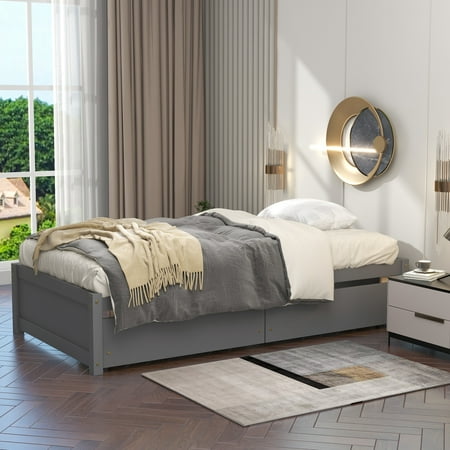 Twin Size Daybed with 2 Storage Drawers  Solid Wood Platform Bed Frame with Sturdy Slats Support  Storage Bed Frame for Bedroom  No Box Spring Needed  Mattress Not Included  Gray