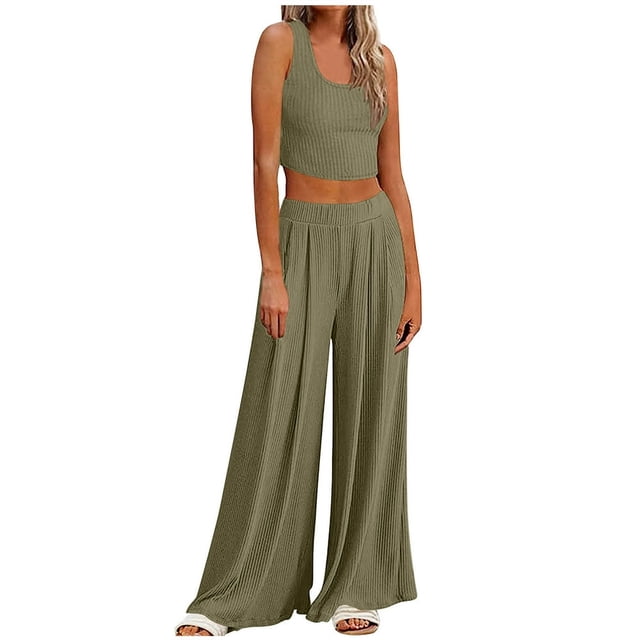 Women‘s Summer 2 Piece Outfits Lounge Sets Ribbed Knit Crop Top Wide Leg Pants with Pockets S-XXL
