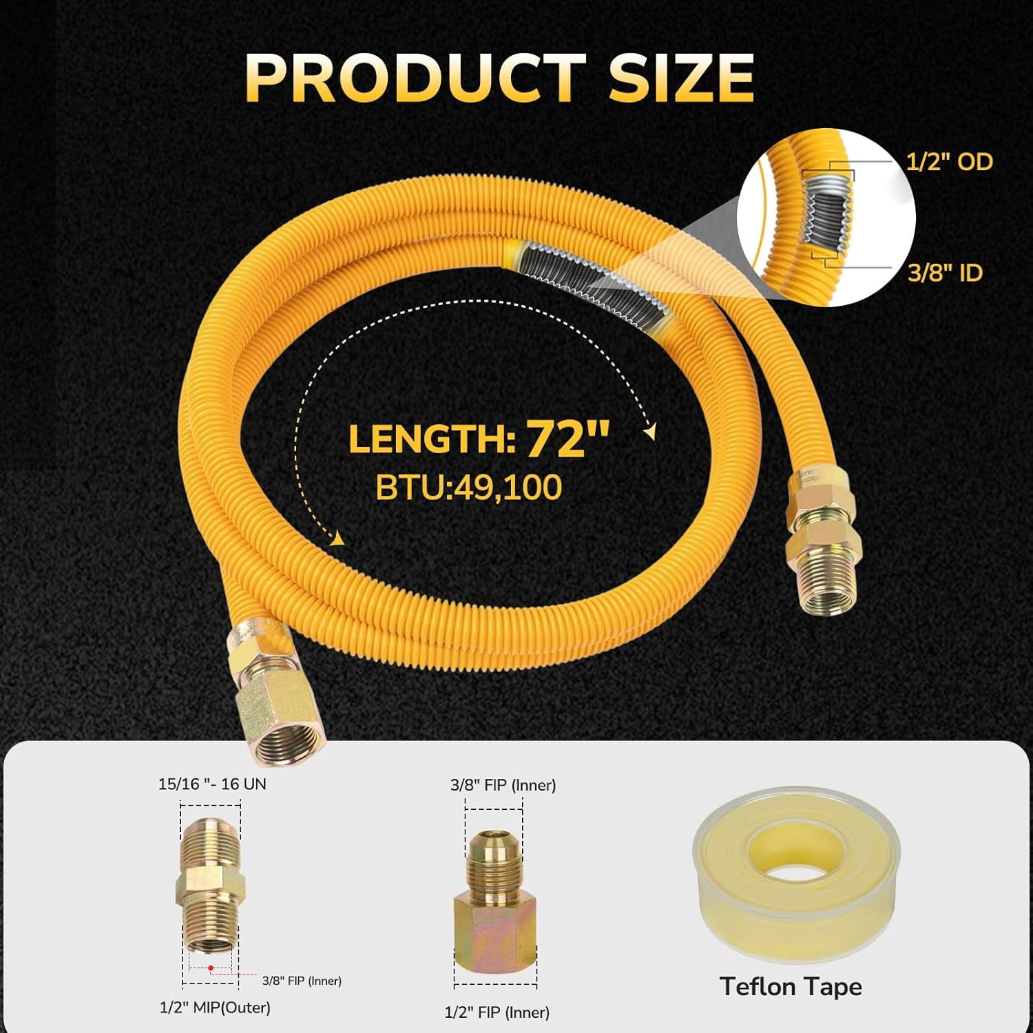 72" Gas Line Hose for Dryer, Gas Stoves, Water Heater, 1/2" OD Stainless Steel Gas Corrugated Dryer Gas Connector kit with 1/2" FIP & 1/2" MIP Fittings, Flexible Dryer Gas Supply line