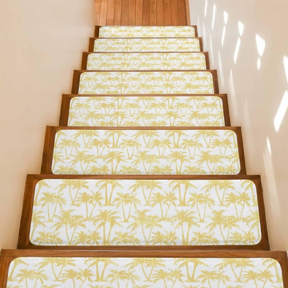 Summer Beach Palm Stair Treads Non Slip for Steps Tropical Country Coastal Seaside Yellow Tree Silhouettes 7 Pcs Reusable Adhesive Stair Runner Mats for Dogs Elders Treads Rugs for Staircase 8x30 In