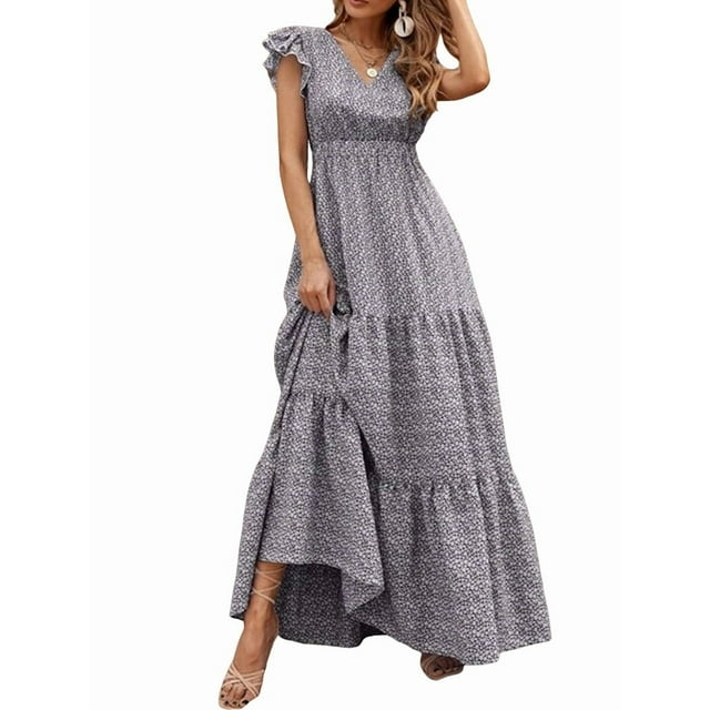 Robe d'Été pour Femmes Col en V Manches Courtes Taille Haute Florale à Volants Ligne Longue Maxi Gris P