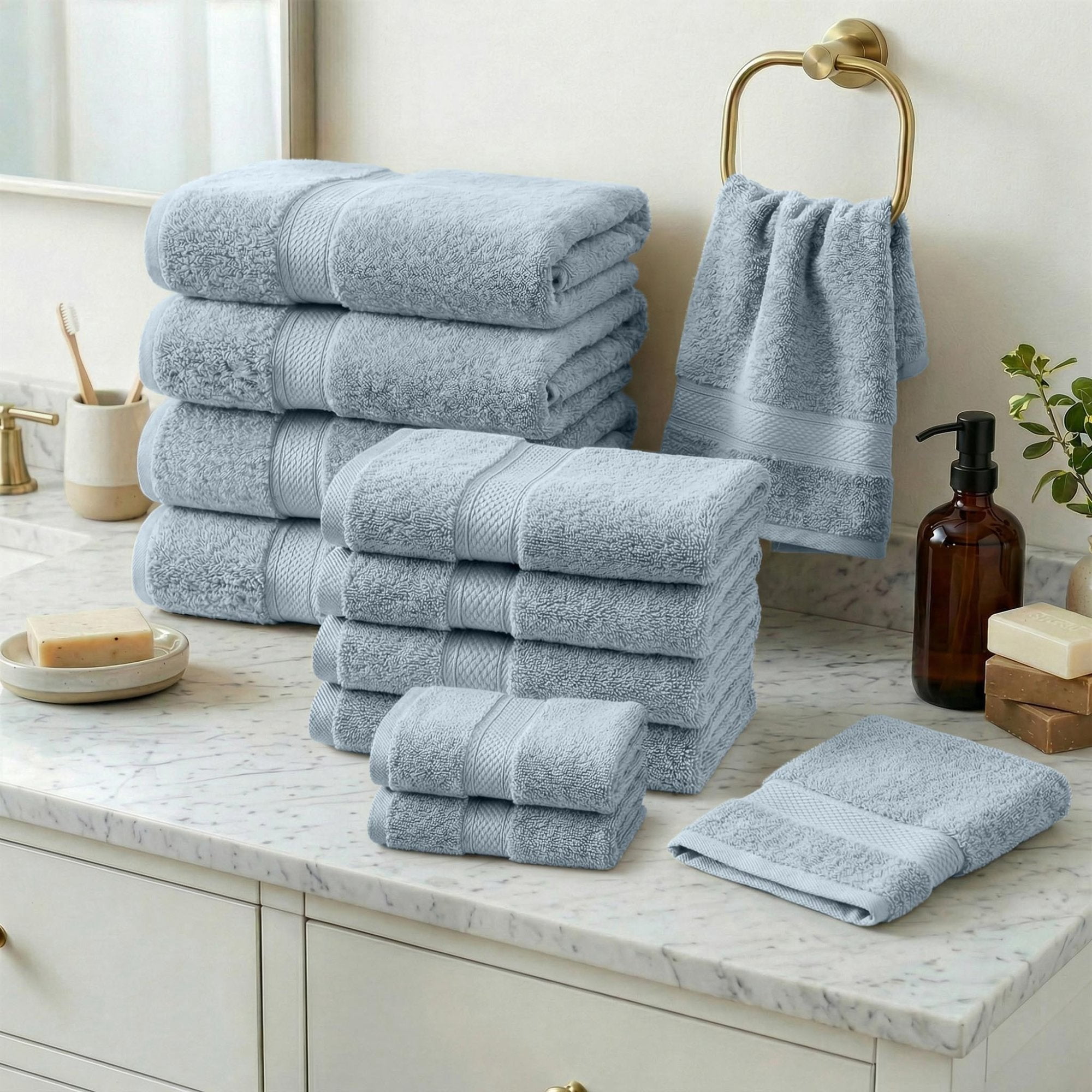 Superior Madeline Egyptian Cotton Ultra-Plush 12-Piece Towel Set, Light Blue