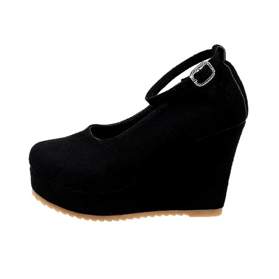 CYMMPU Women's Closed Toe Wedge Pumps, Ankle Strap Platform Dress Shoes, Vintage High Wedge Heel Outdoor Daily Casual Footwear Black 37